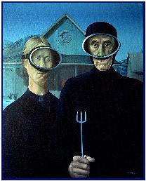 Last painting: Couple of American Gothic Divers, oil on canvas by Pascal lecocq, a pastiche of Grand Wood's masterpiece